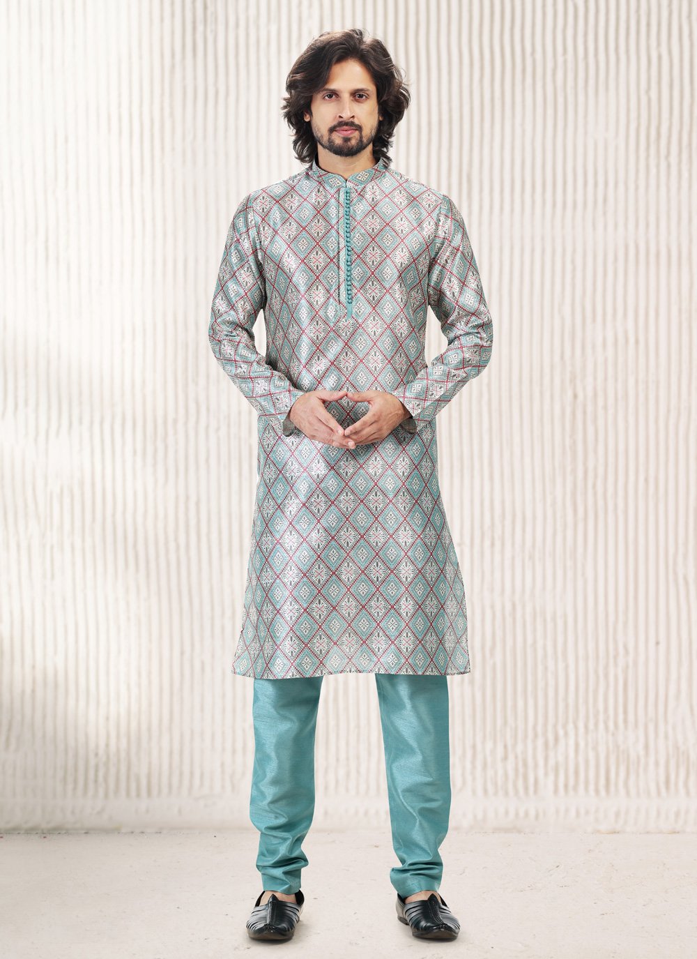 Kurta Pyjama Banarasi Jacquard Aqua Blue Fancy Work Mens