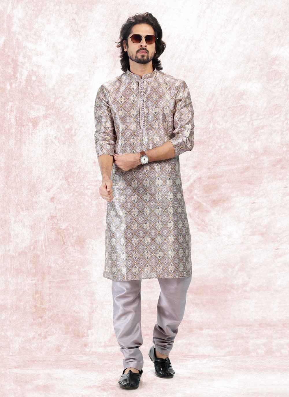 Kurta Pyjama Banarasi Jacquard Cream Purple Fancy Work Mens