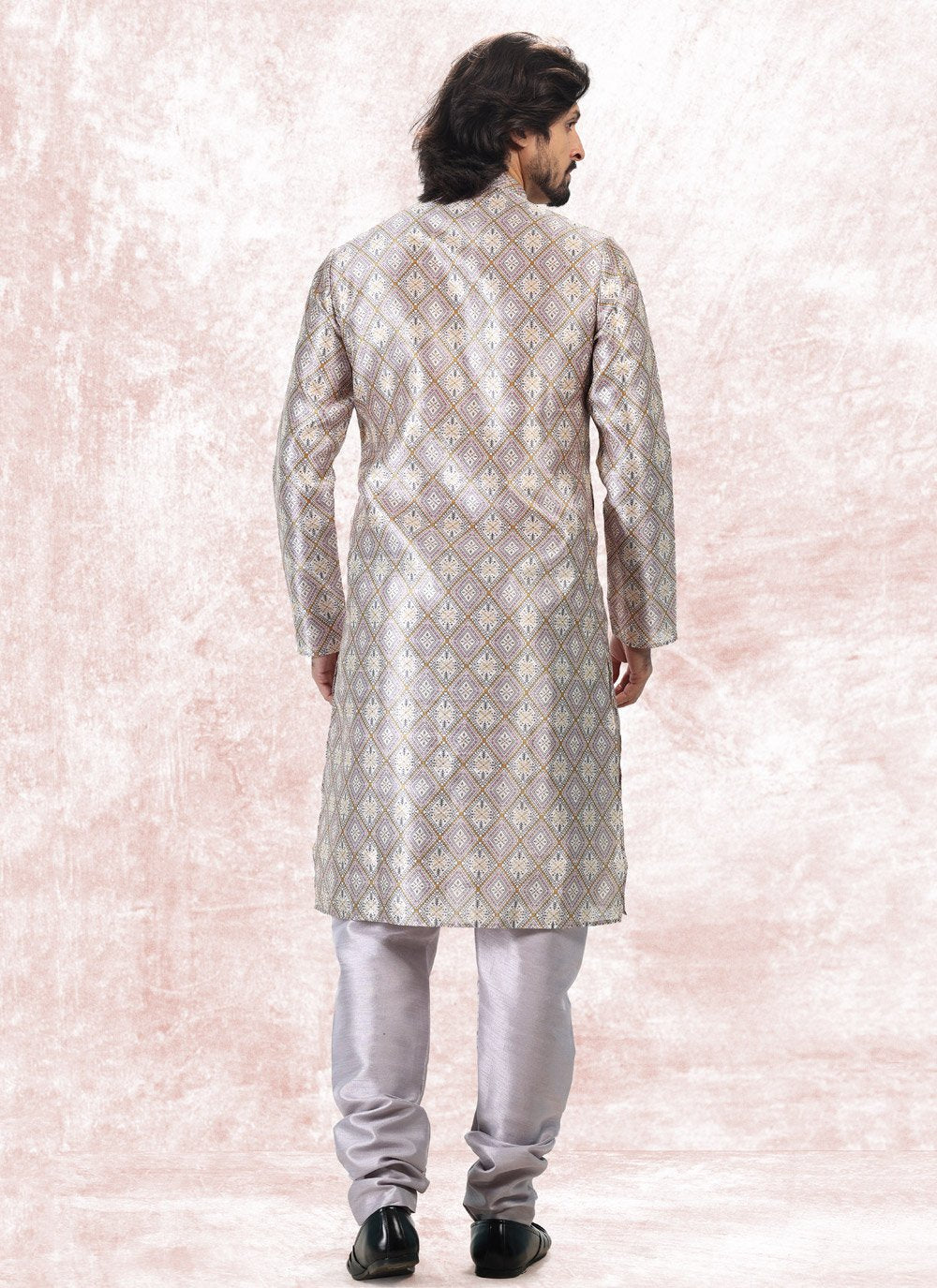 Kurta Pyjama Banarasi Jacquard Cream Purple Fancy Work Mens