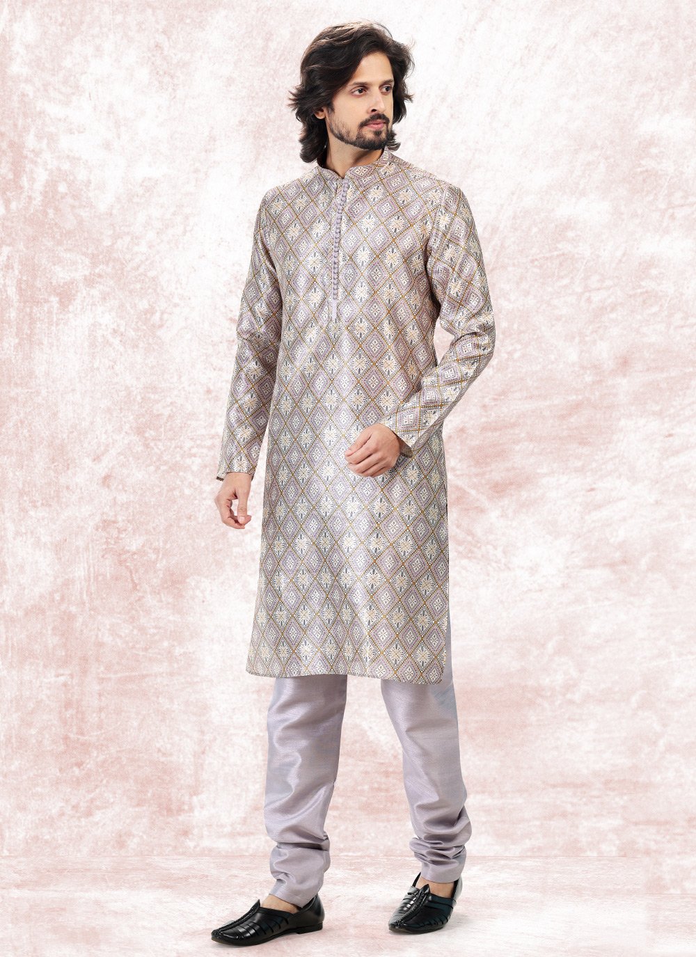 Kurta Pyjama Banarasi Jacquard Cream Purple Fancy Work Mens