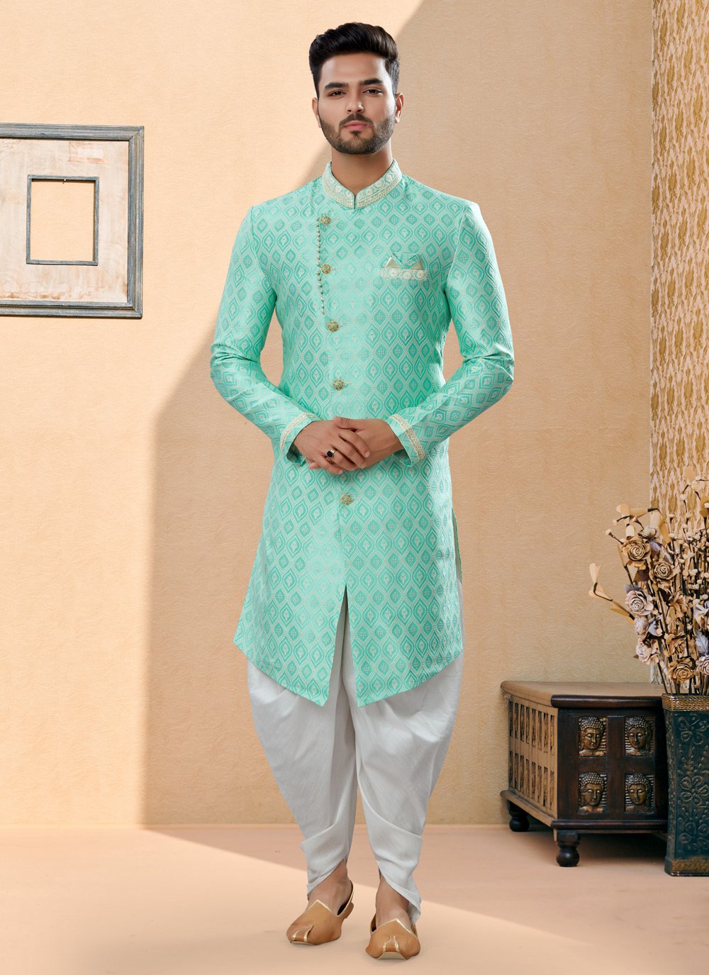 Indo Western Sherwani Banarasi Jacquard Firozi Thread Mens