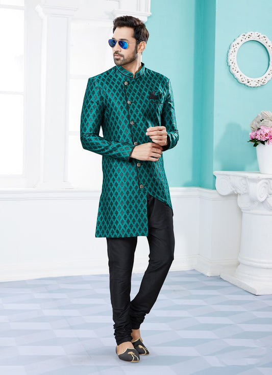 Indo Western Sherwani Banarasi Jacquard Green Embroidered Mens