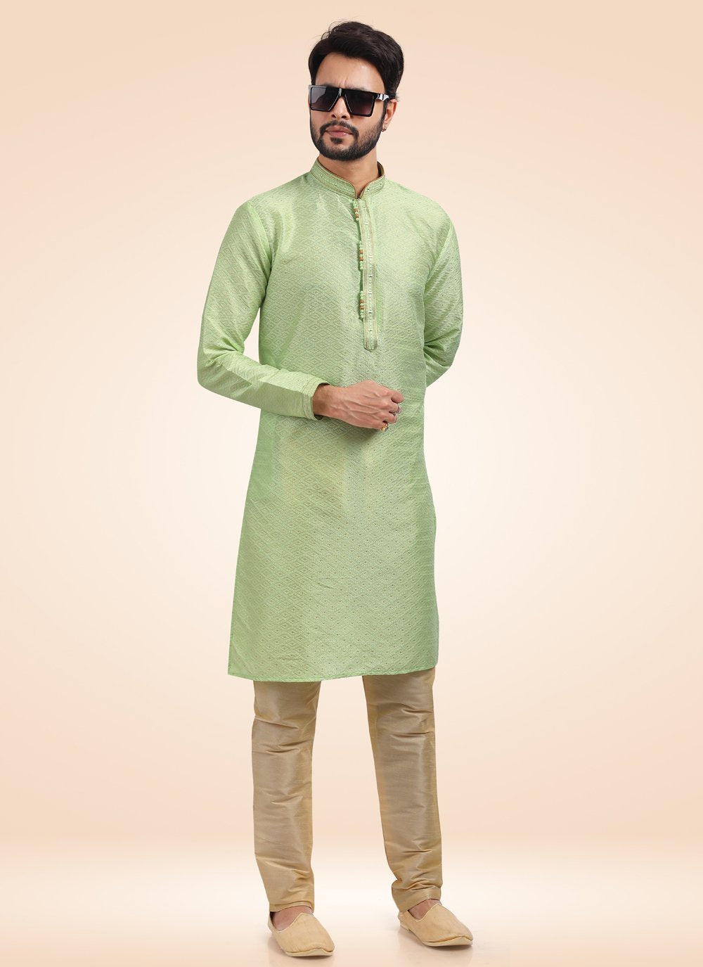 Kurta Pyjama Banarasi Jacquard Green Fancy Work Mens