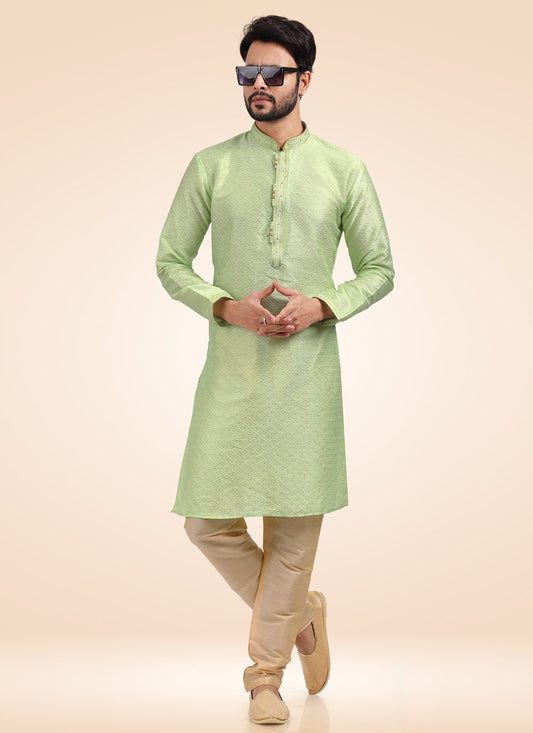 Kurta Pyjama Banarasi Jacquard Green Fancy Work Mens