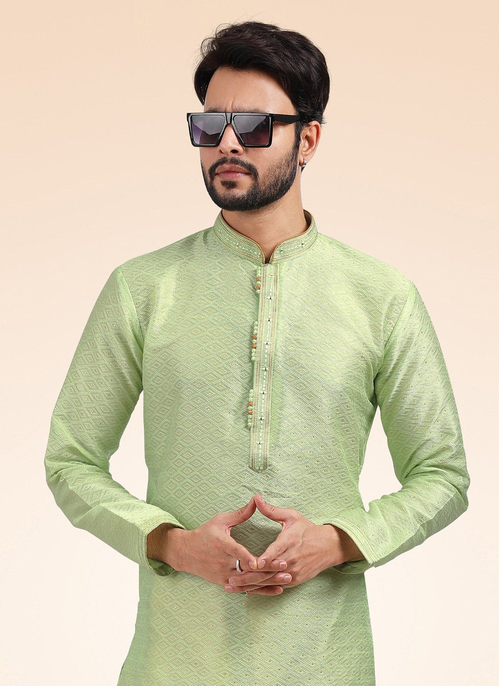 Kurta Pyjama Banarasi Jacquard Green Fancy Work Mens