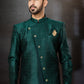 Indo Western Sherwani Banarasi Jacquard Dupion Silk Green Embroidered Mens