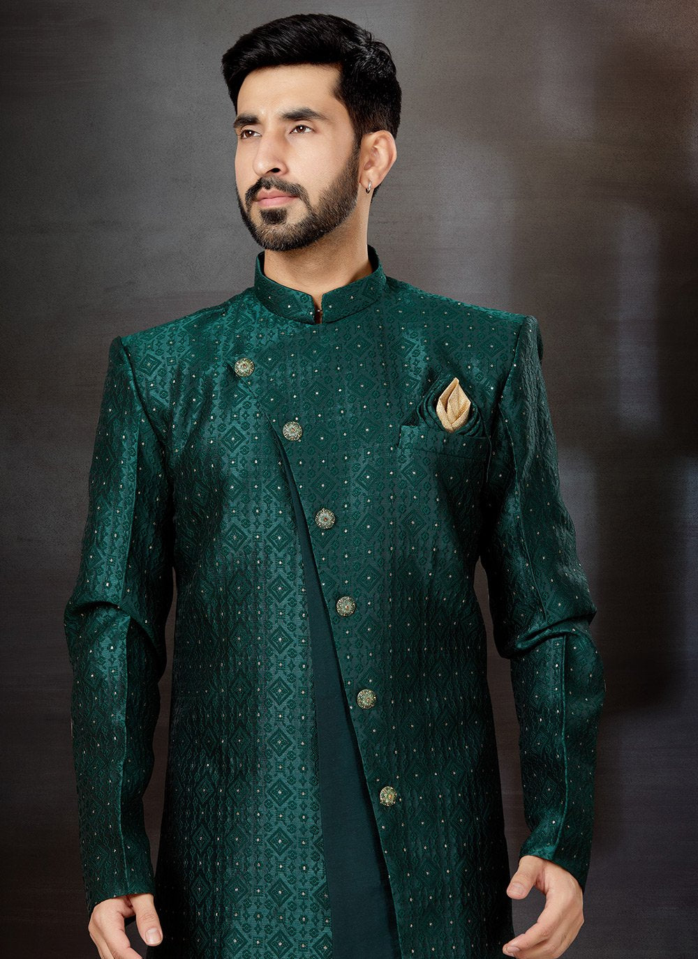 Indo Western Sherwani Banarasi Jacquard Dupion Silk Green Embroidered Mens