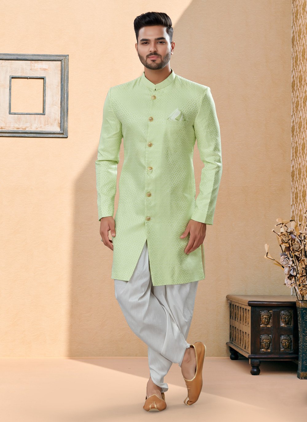 Indo Western Sherwani Banarasi Jacquard Green Thread Mens