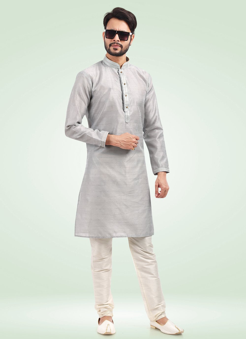 Kurta Pyjama Banarasi Jacquard Grey Fancy Work Mens