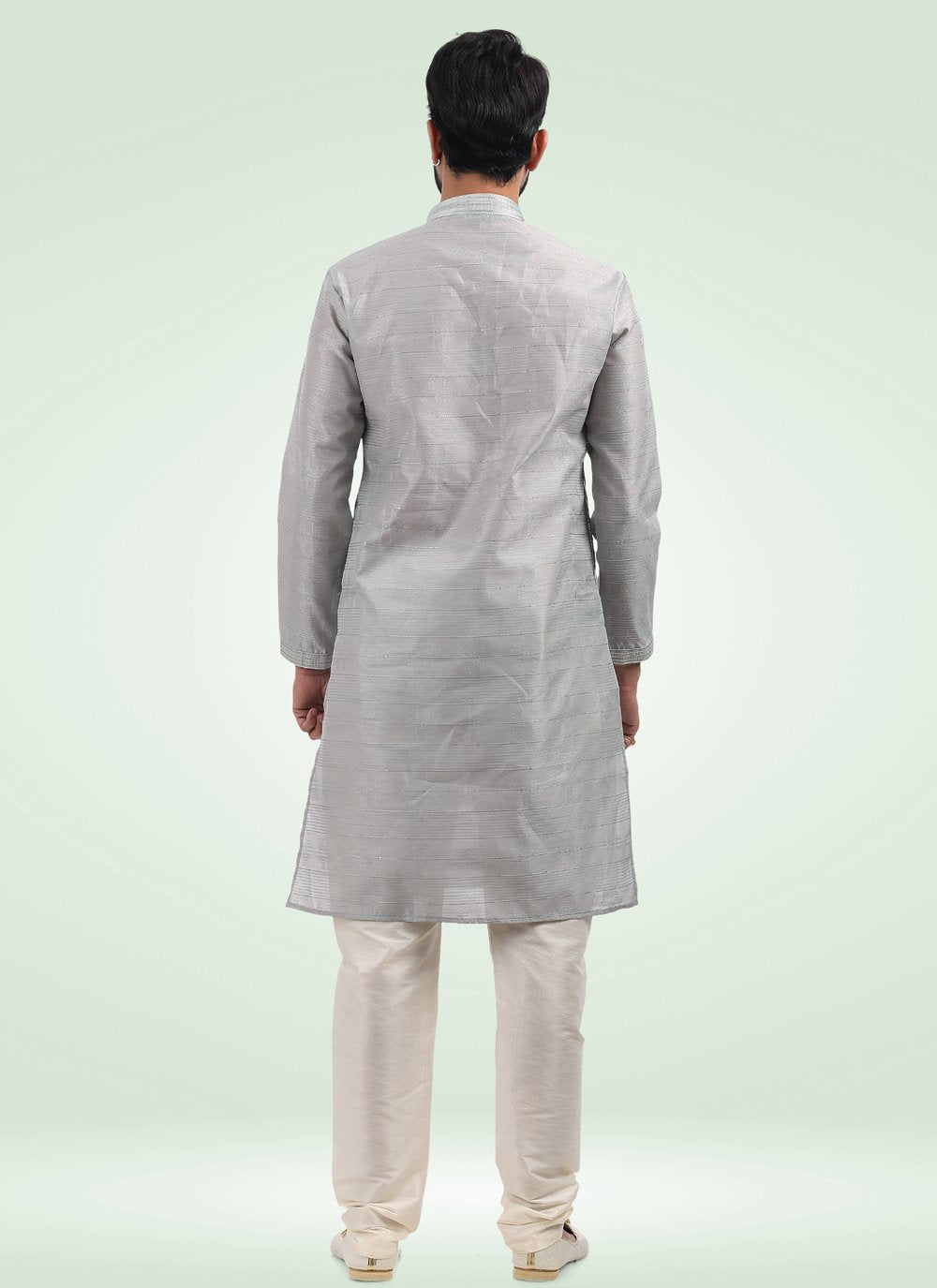 Kurta Pyjama Banarasi Jacquard Grey Fancy Work Mens