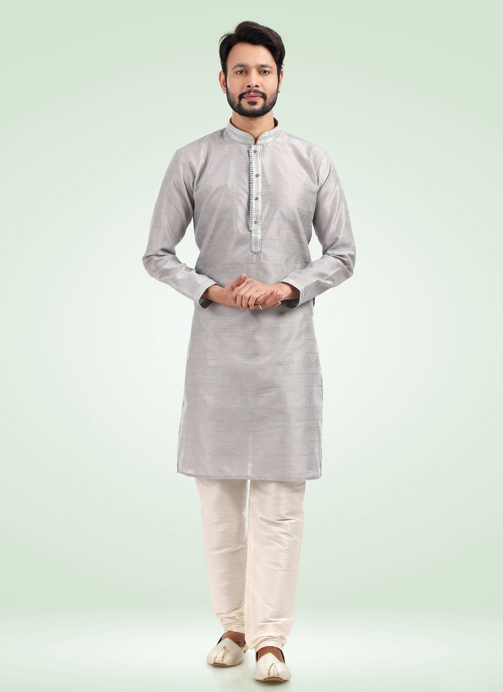 Kurta Pyjama Banarasi Jacquard Grey Fancy Work Mens