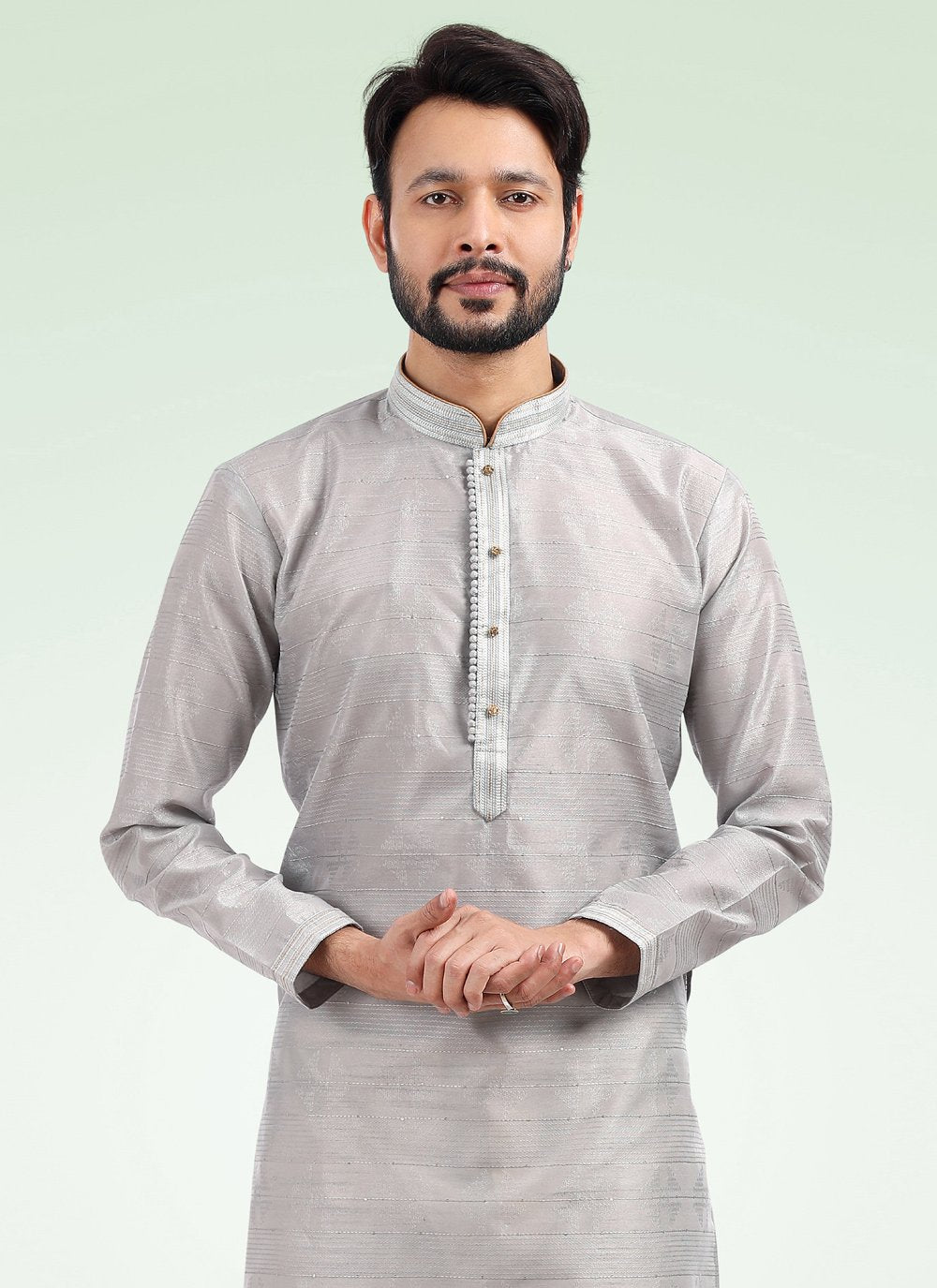 Kurta Pyjama Banarasi Jacquard Grey Fancy Work Mens