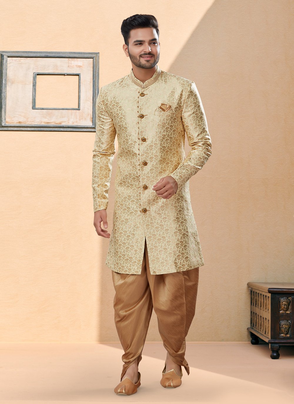 Indo Western Sherwani Banarasi Jacquard Cream Thread Mens