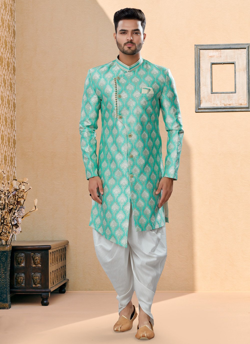 Indo Western Sherwani Banarasi Jacquard Firozi Thread Mens