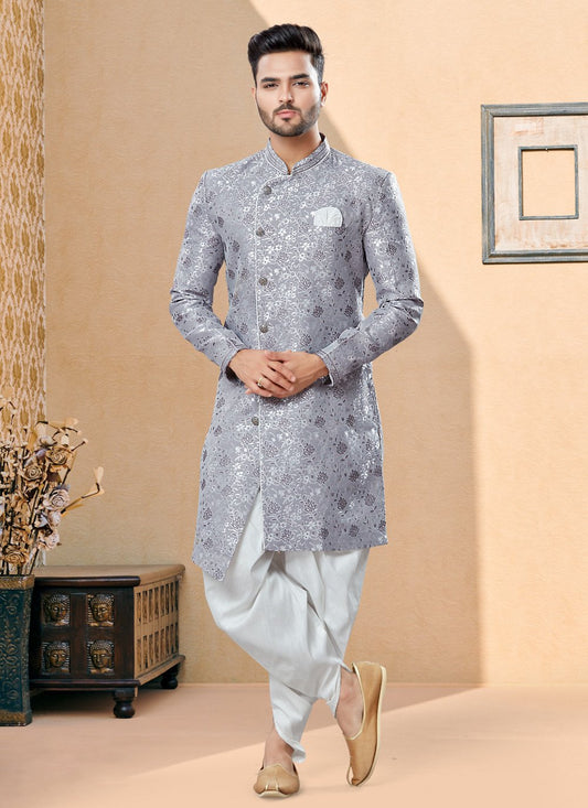 Indo Western Sherwani Banarasi Jacquard Grey Thread Mens