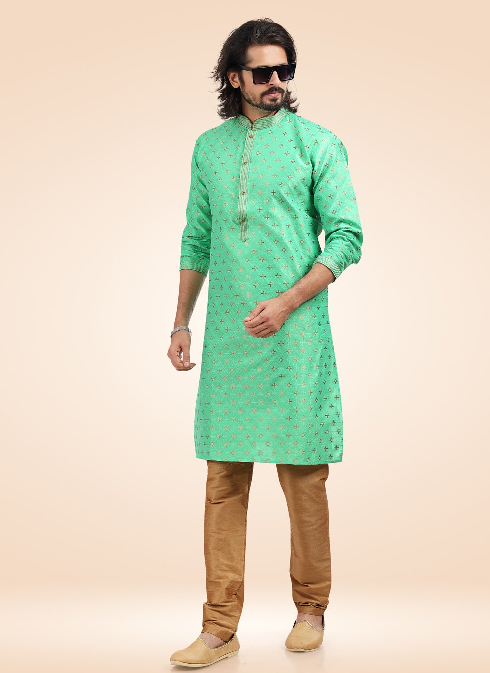 Kurta Pyjama Banarasi Jacquard Green Fancy Work Mens