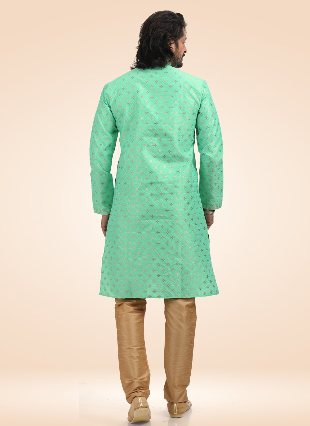 Kurta Pyjama Banarasi Jacquard Green Fancy Work Mens