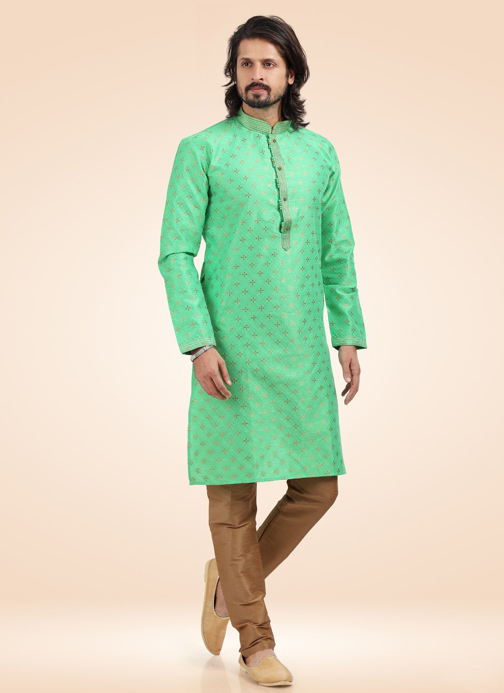 Kurta Pyjama Banarasi Jacquard Green Fancy Work Mens