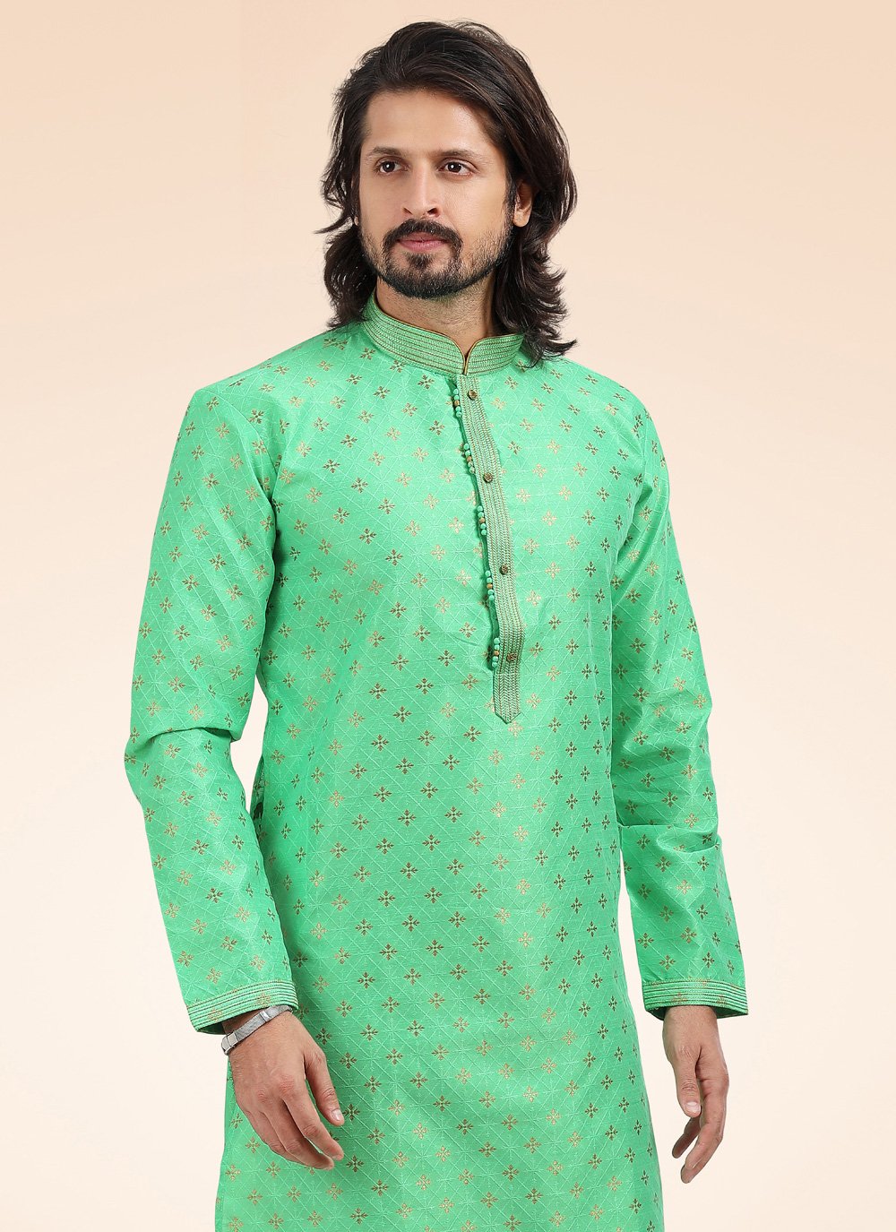 Kurta Pyjama Banarasi Jacquard Green Fancy Work Mens