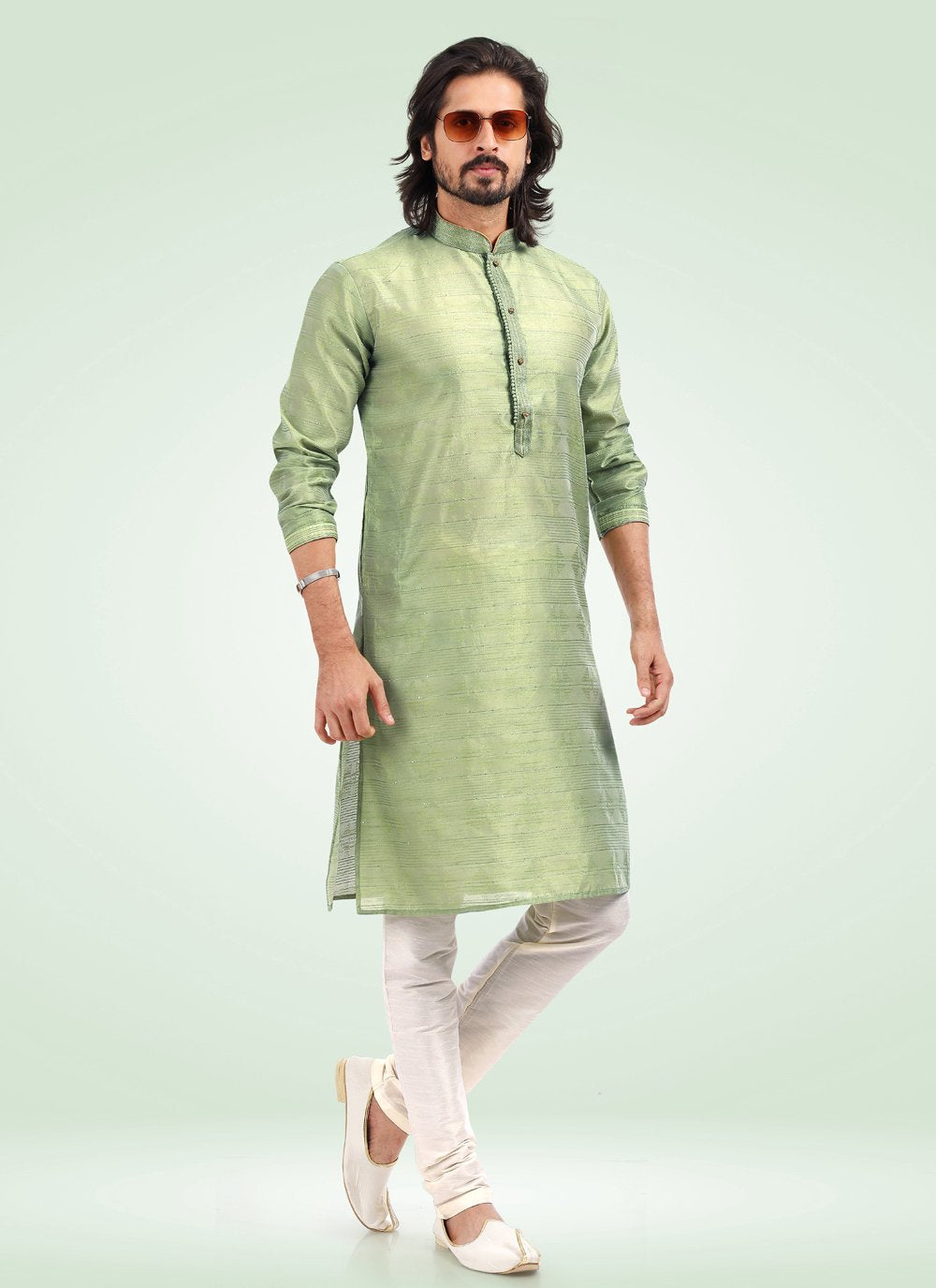 Kurta Pyjama Banarasi Jacquard Green Fancy Work Mens