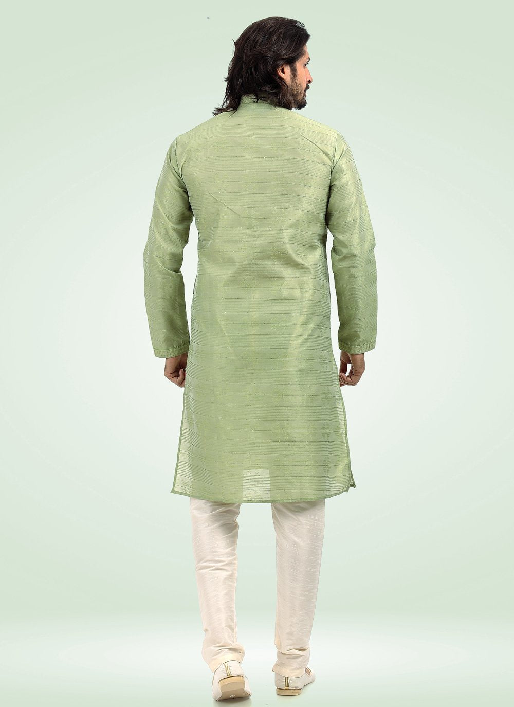 Kurta Pyjama Banarasi Jacquard Green Fancy Work Mens