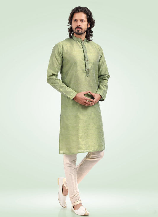 Kurta Pyjama Banarasi Jacquard Green Fancy Work Mens