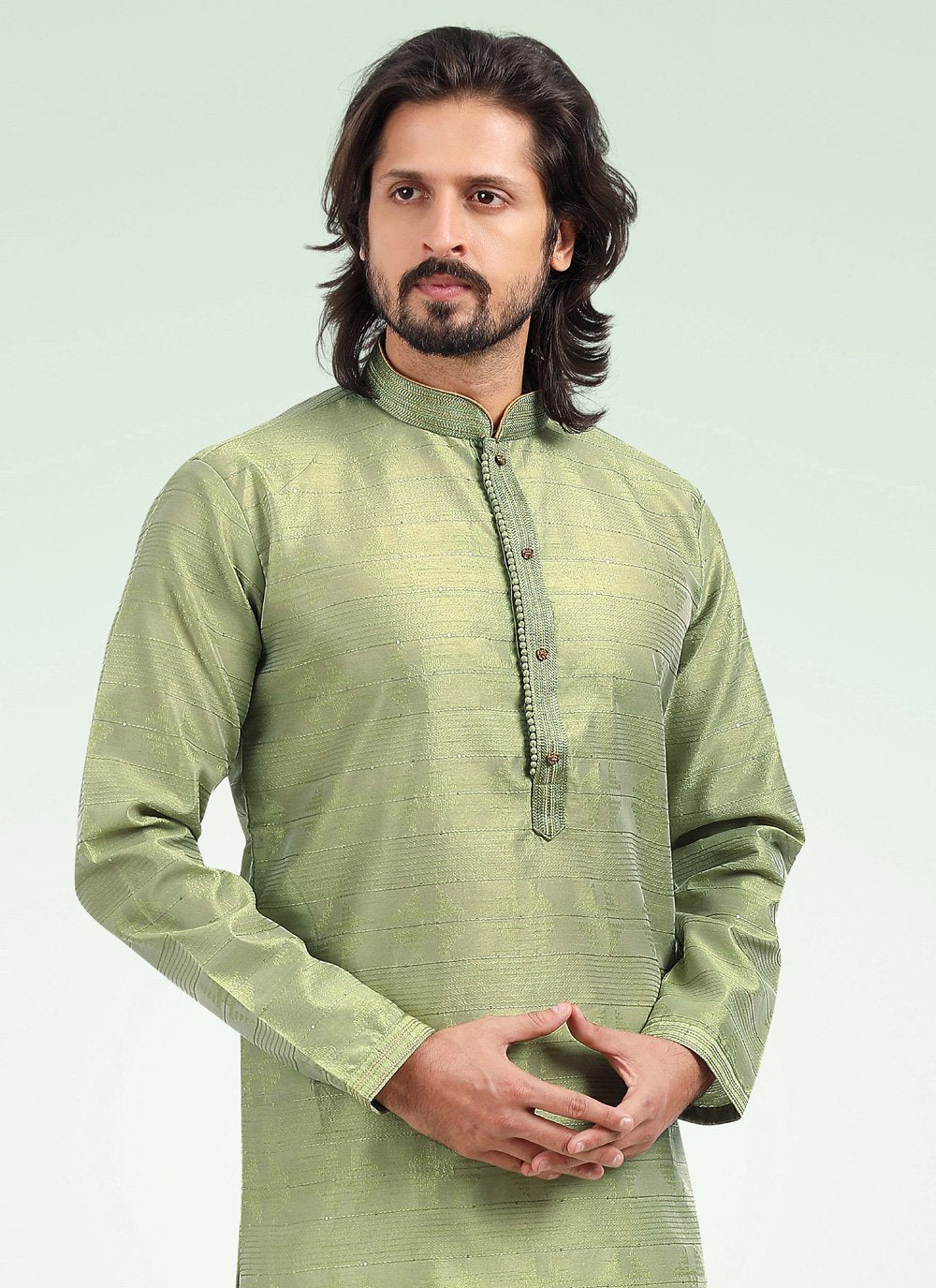 Kurta Pyjama Banarasi Jacquard Green Fancy Work Mens