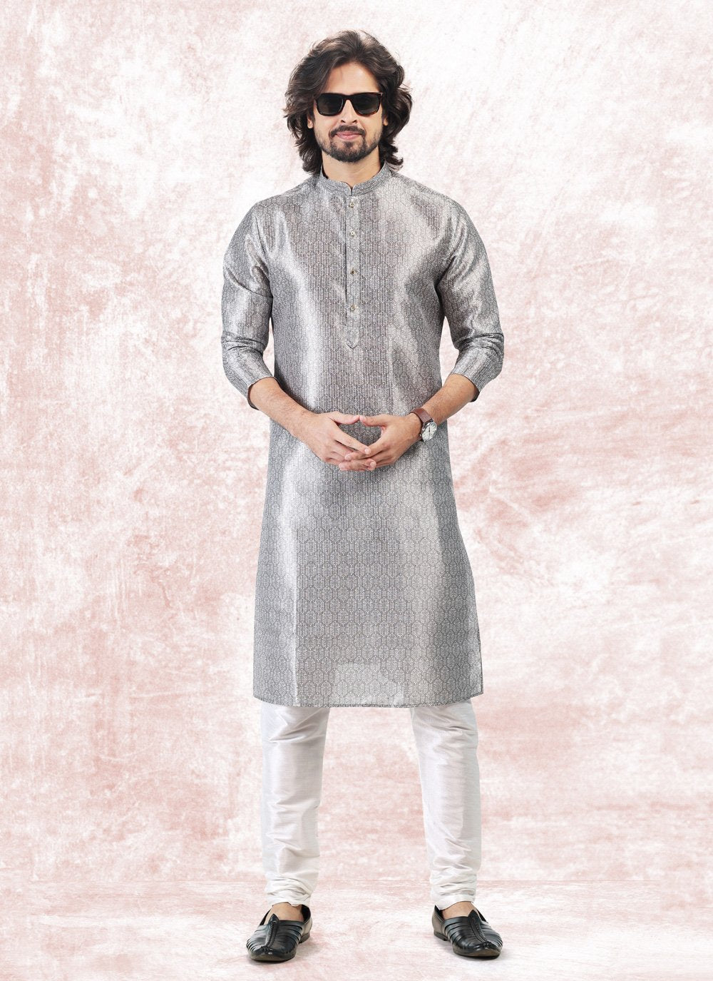 Kurta Pyjama Banarasi Jacquard Silver Fancy Work Mens