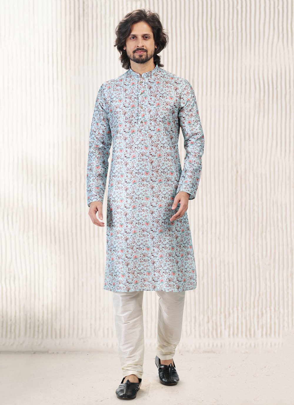 Kurta Pyjama Banarasi Jacquard Turquoise Fancy Work Mens