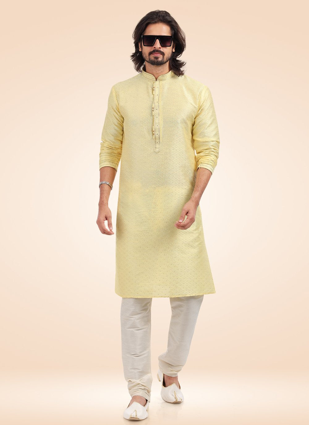 Kurta Pyjama Banarasi Jacquard Yellow Fancy Work Mens