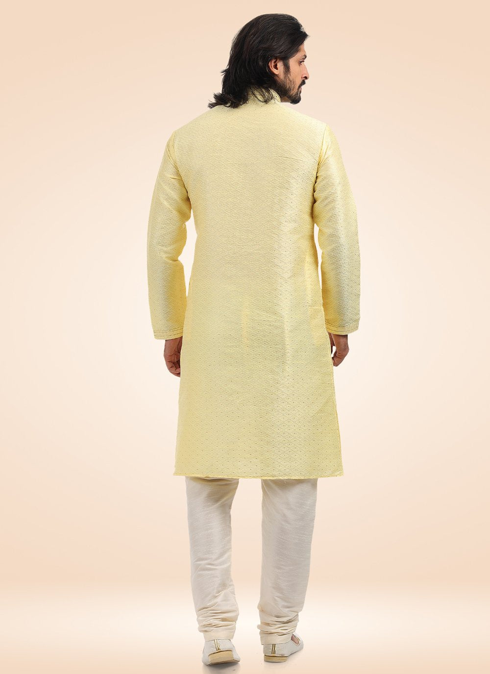 Kurta Pyjama Banarasi Jacquard Yellow Fancy Work Mens