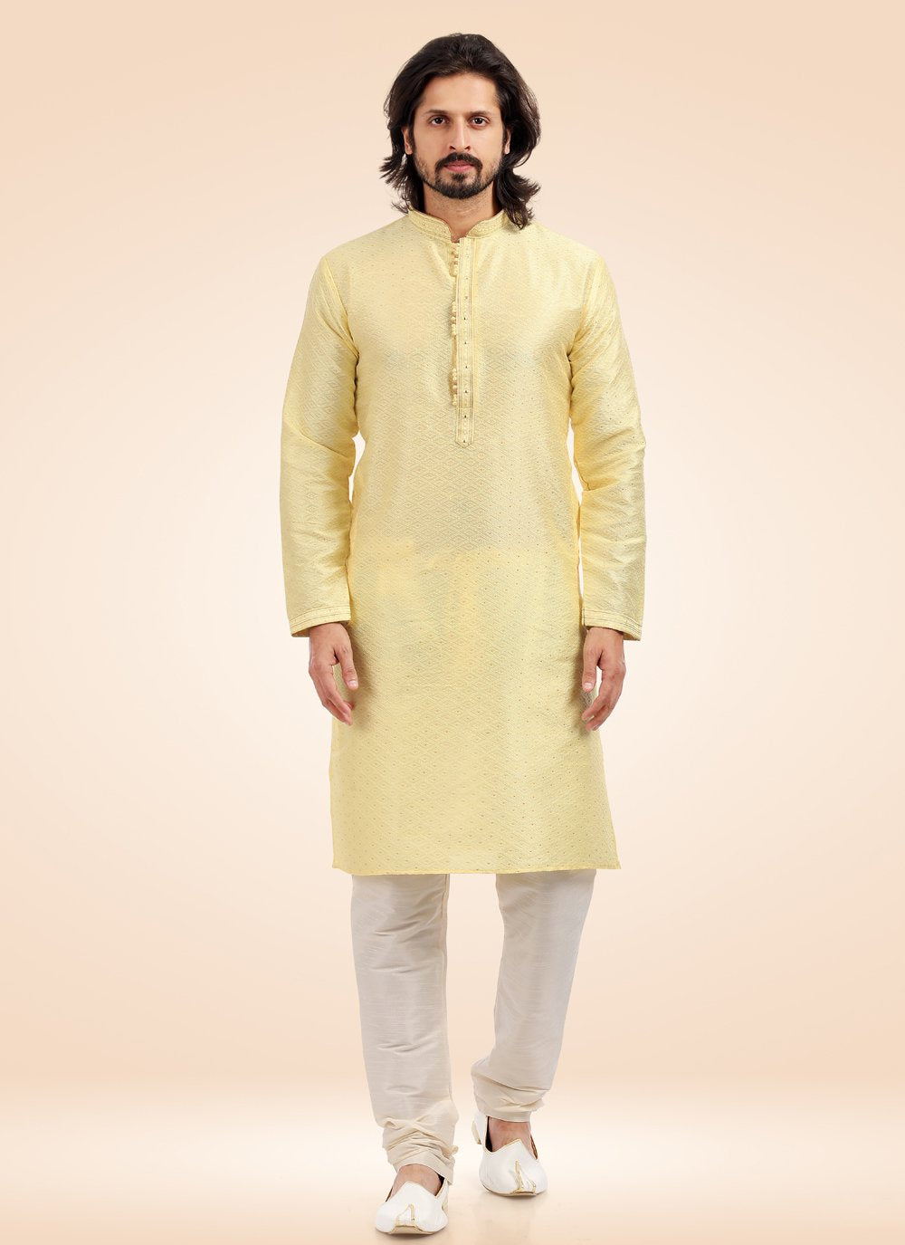 Kurta Pyjama Banarasi Jacquard Yellow Fancy Work Mens