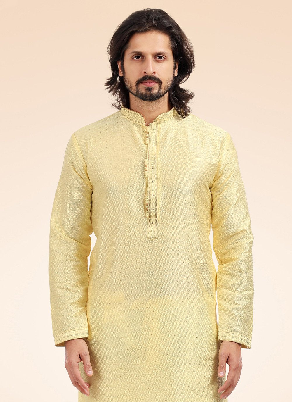 Kurta Pyjama Banarasi Jacquard Yellow Fancy Work Mens