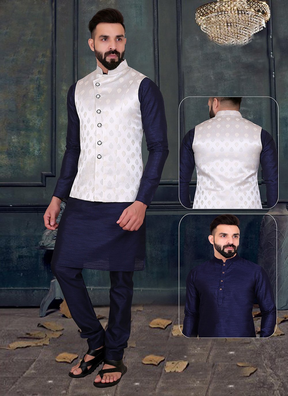 Kurta Payjama With Jacket Banarasi Jacquard Blue Pink Embroidered Mens