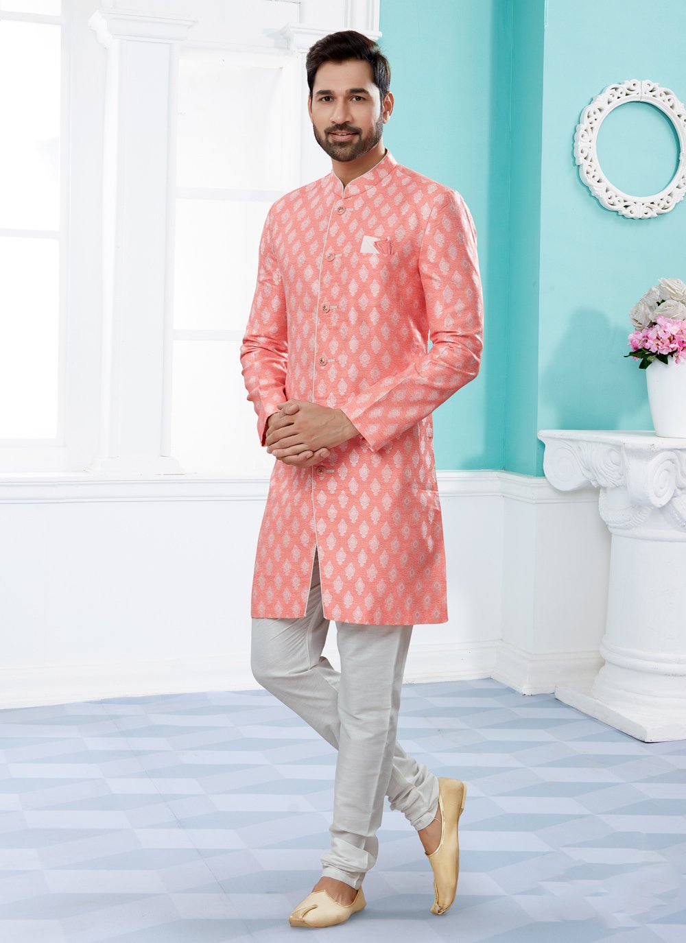 Indo Western Sherwani Banarasi Jacquard Peach Embroidered Mens