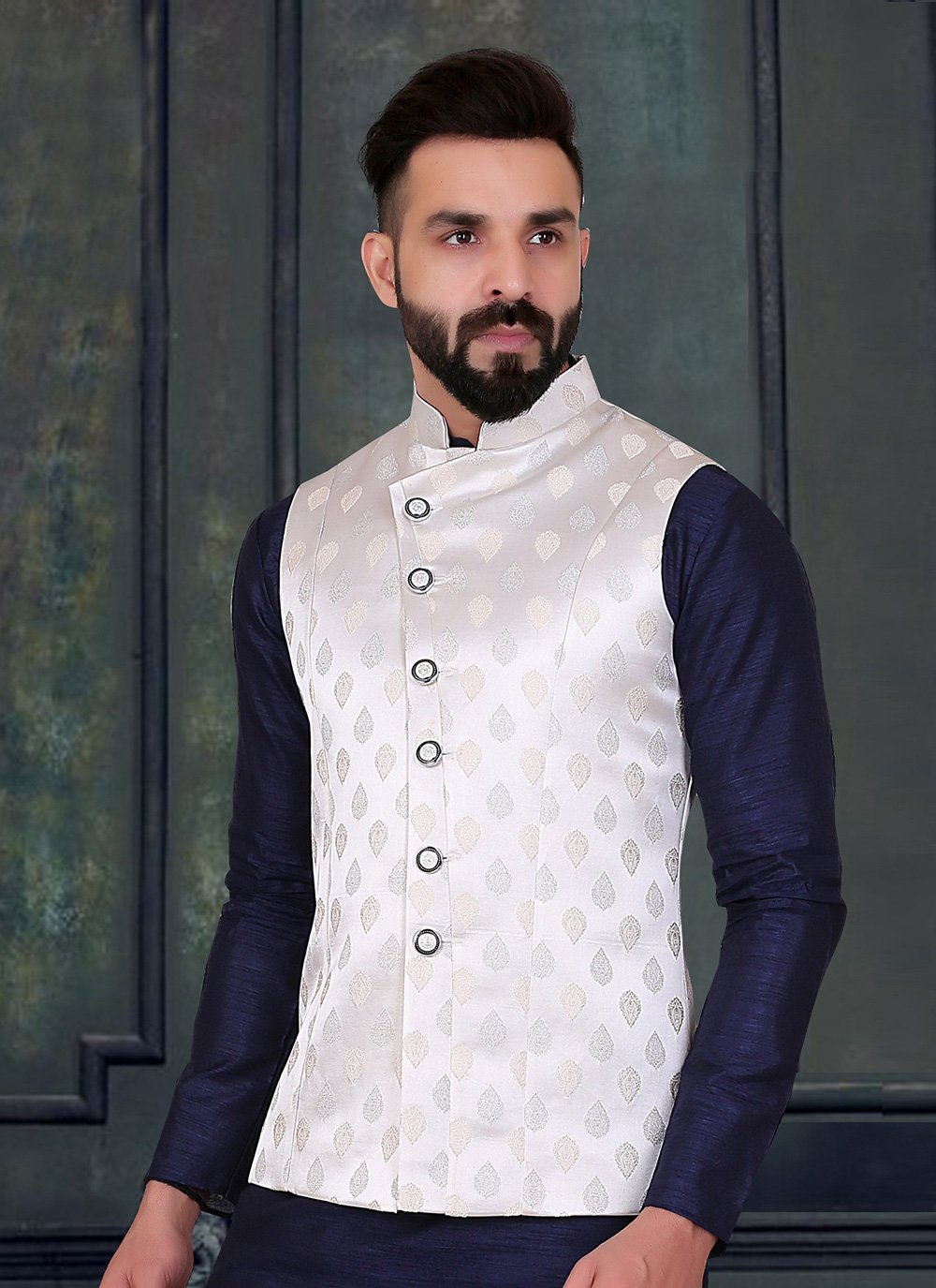 Nehru Jackets Banarasi Jacquard Pink Embroidered Mens