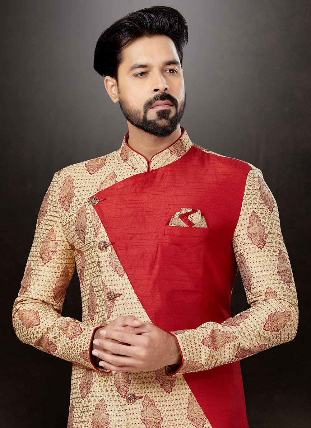 Indo Western Sherwani Banarasi Jacquard Cream Maroon Embroidered Mens