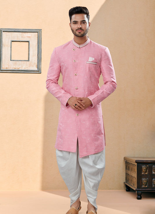 Indo Western Sherwani Banarasi Jacquard Pink Thread Mens