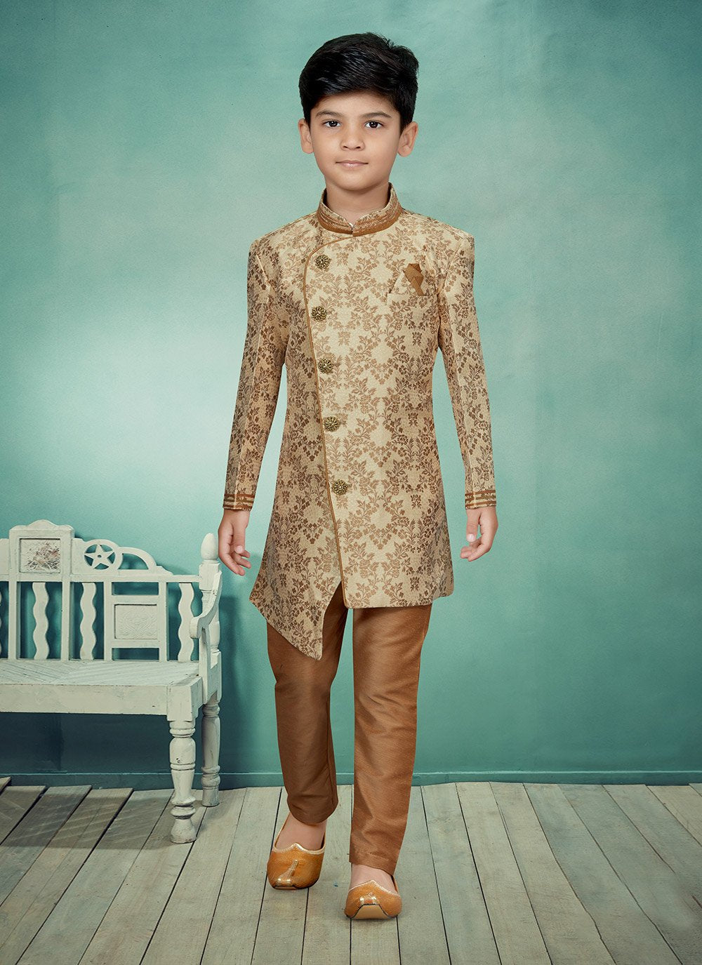 Indo Western Banarasi Jacquard Beige Gold Lace Kids