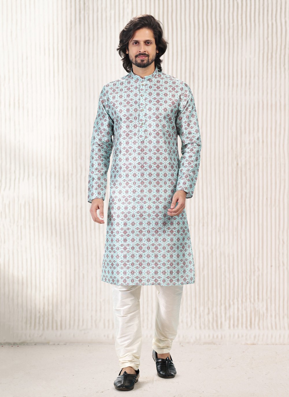 Kurta Pyjama Banarasi Jacquard Turquoise Fancy Work Mens