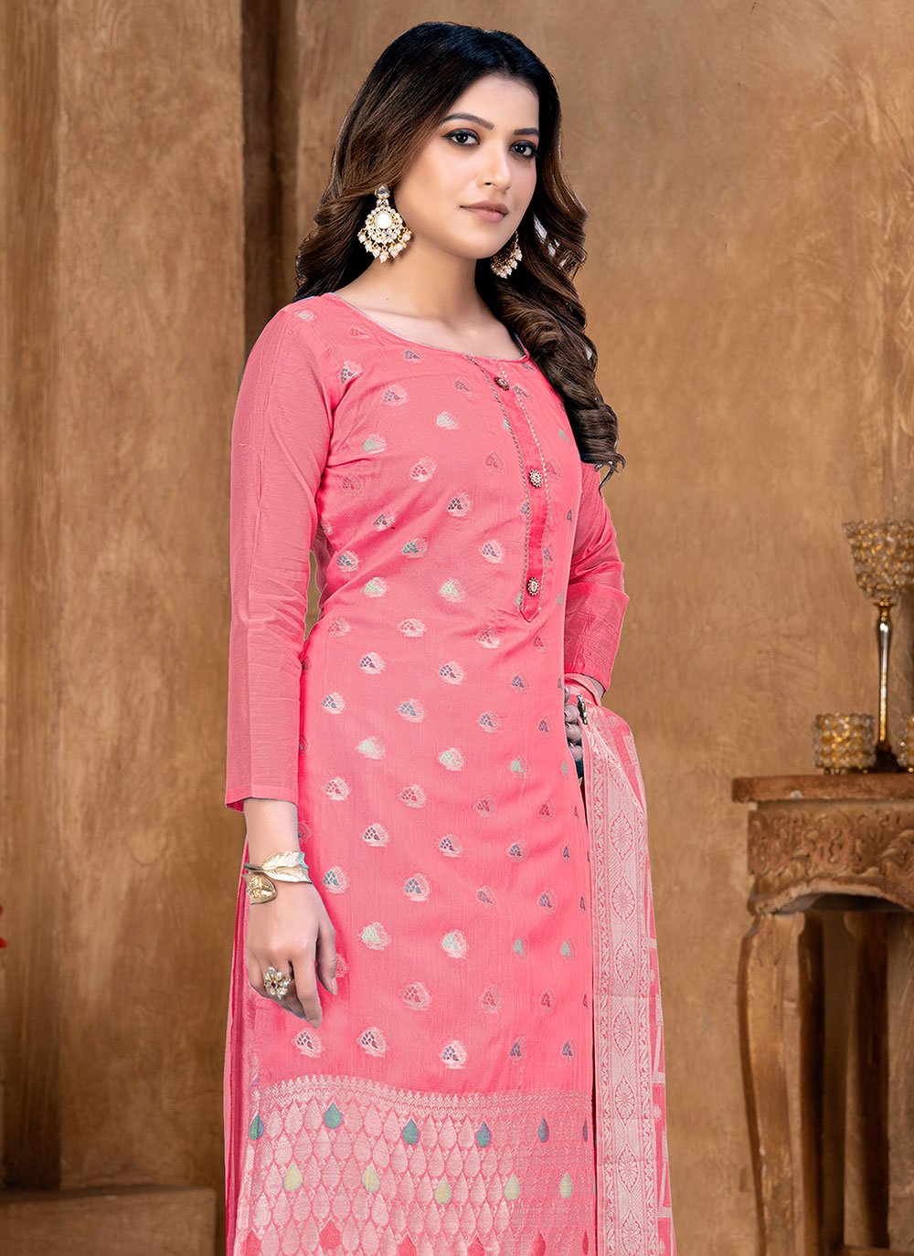 Salwar Suit Banarasi Jacquard Peach Weaving Salwar Kameez