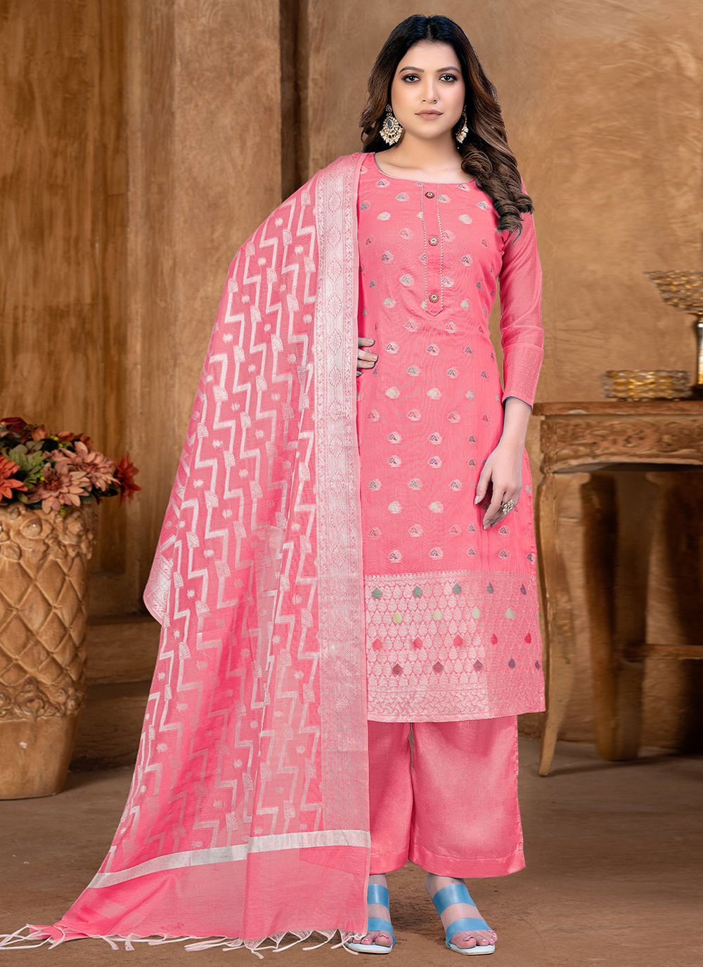 Salwar Suit Banarasi Jacquard Peach Weaving Salwar Kameez