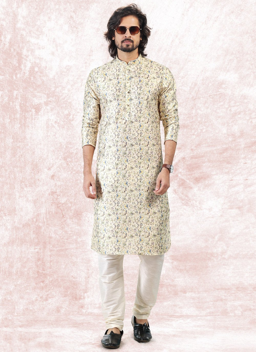 Kurta Pyjama Banarasi Jacquard Yellow Fancy Work Mens