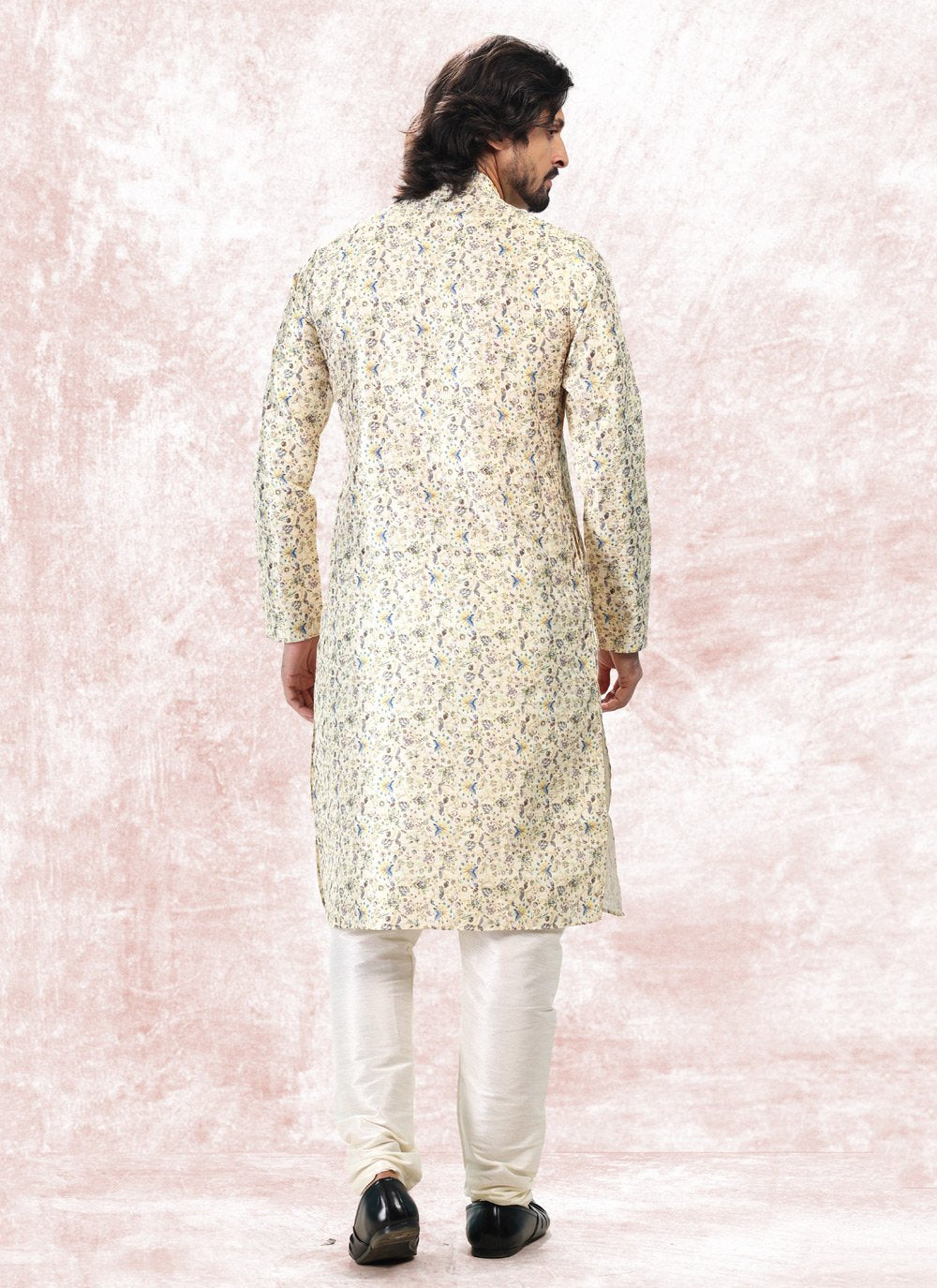 Kurta Pyjama Banarasi Jacquard Yellow Fancy Work Mens