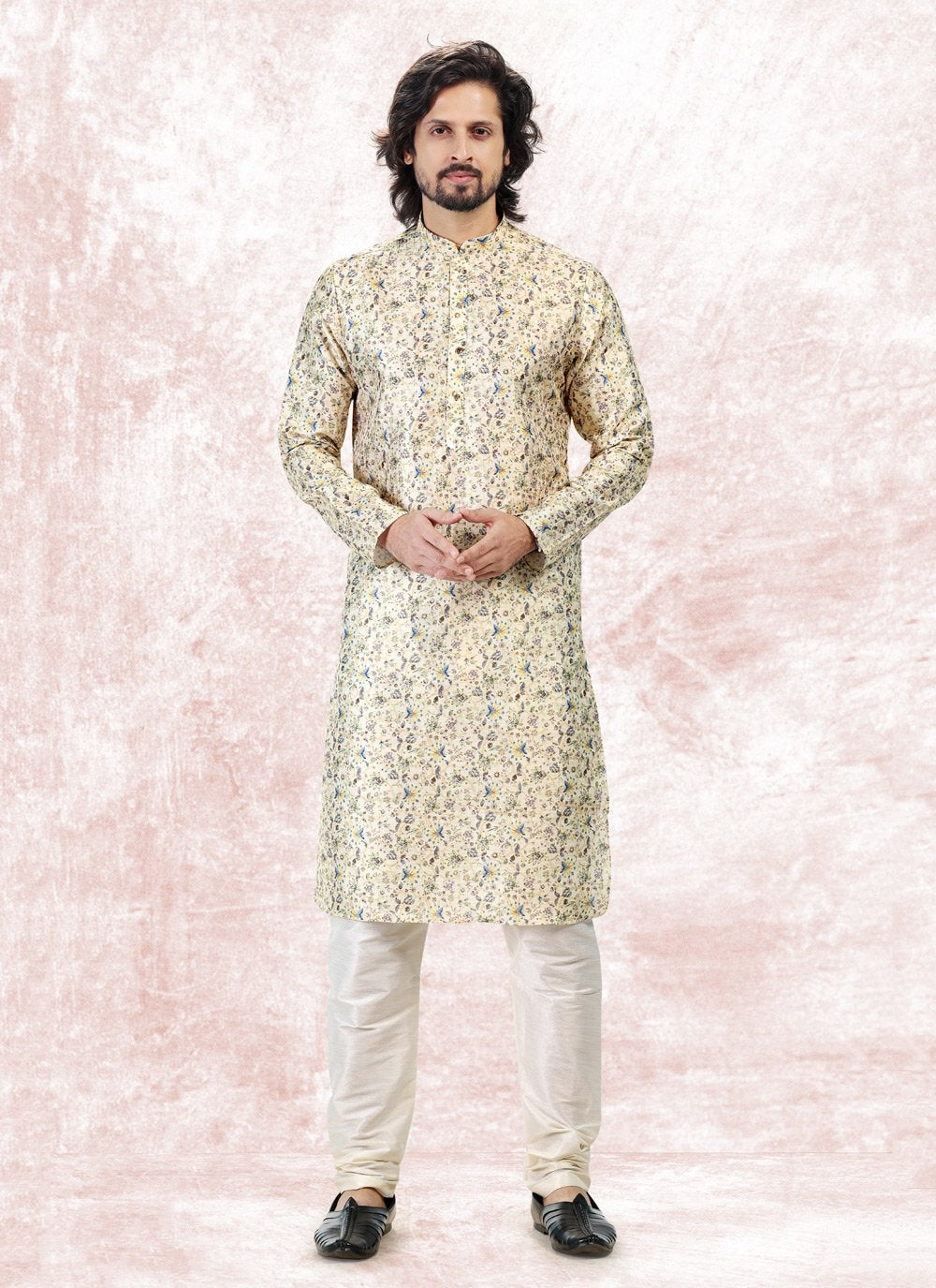 Kurta Pyjama Banarasi Jacquard Yellow Fancy Work Mens