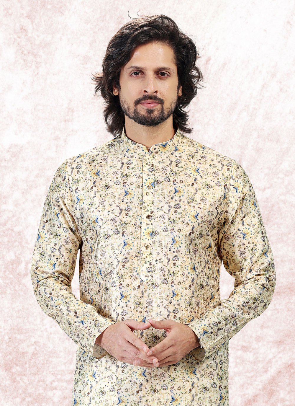 Kurta Pyjama Banarasi Jacquard Yellow Fancy Work Mens