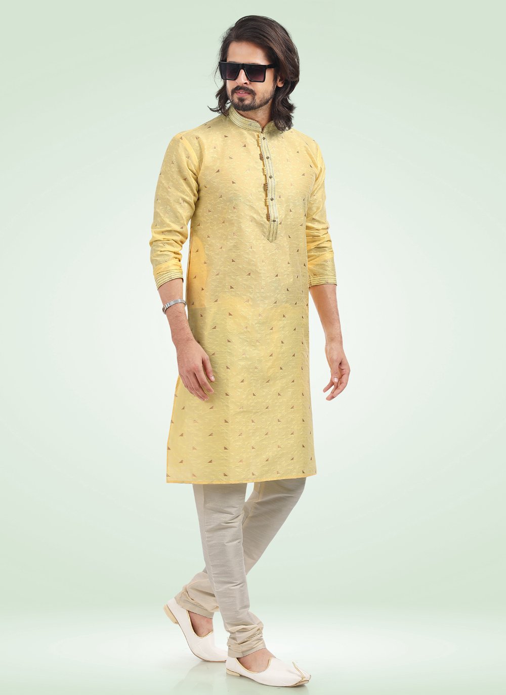 Kurta Pyjama Banarasi Jacquard Yellow Fancy Work Mens