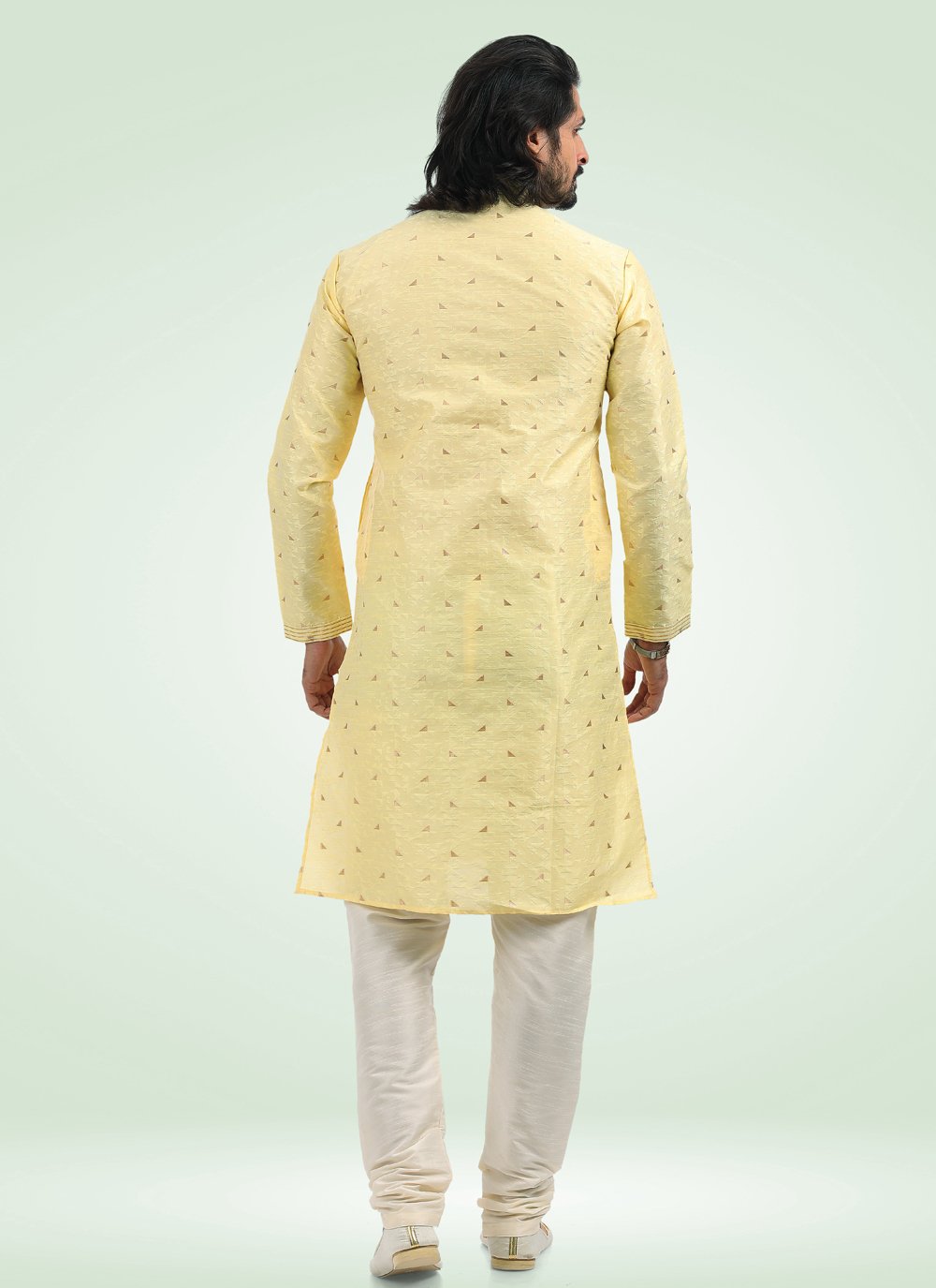 Kurta Pyjama Banarasi Jacquard Yellow Fancy Work Mens