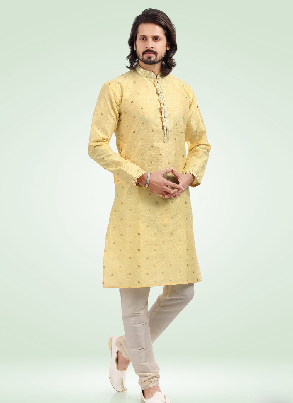 Kurta Pyjama Banarasi Jacquard Yellow Fancy Work Mens