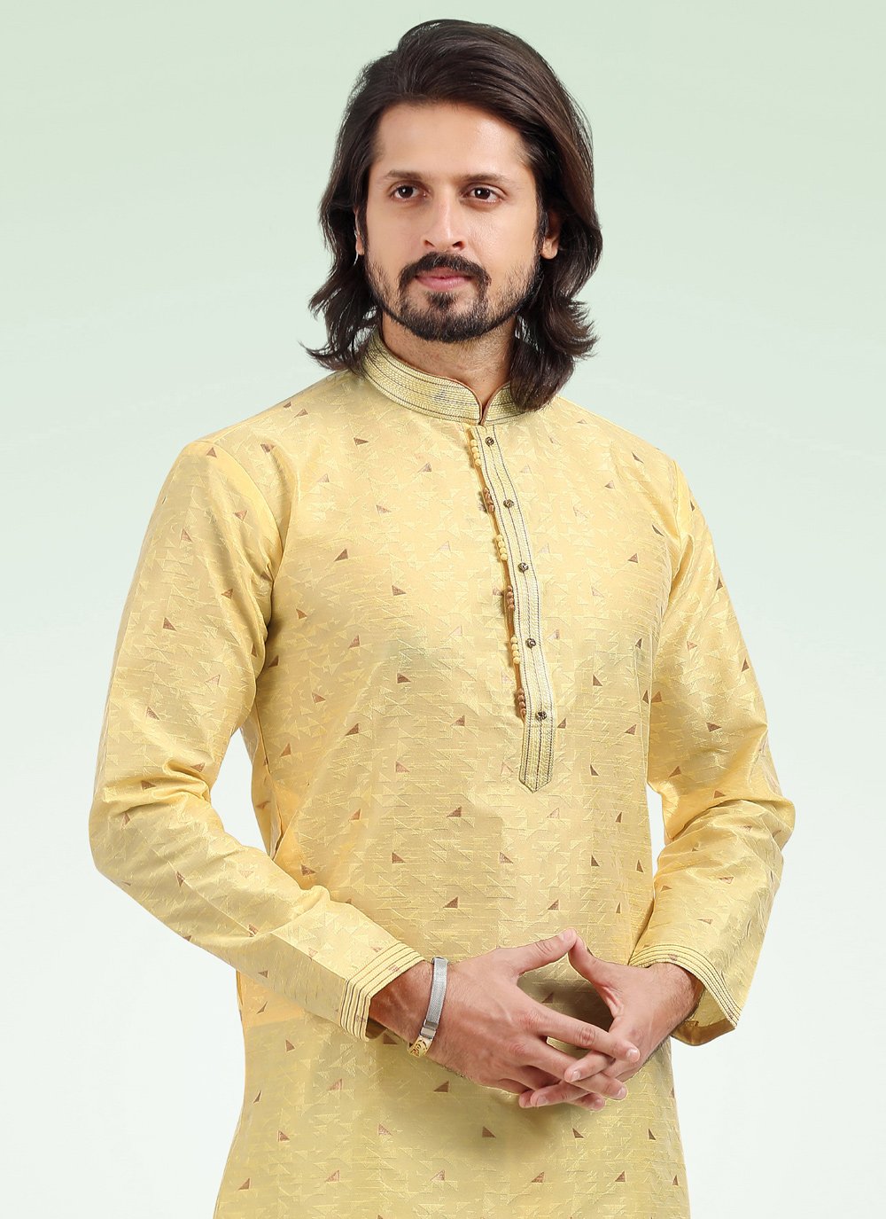 Kurta Pyjama Banarasi Jacquard Yellow Fancy Work Mens